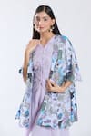 Buy_Preeti Jhawar_Purple Silk Embroidered Cutdana V Neck Floral Pattern Cape Coat Set 