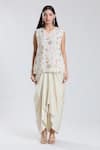 Preeti Jhawar_Ivory Chiffon Collared V Asymmetric Cape Dhoti Skirt Set _Online_at_Aza_Fashions