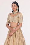 Buy_Abhinav Mishra_Gold Blouse Net Embellished Mirror Scallop V Neck Stripe Bridal Lehenga Set_Online_at_Aza_Fashions