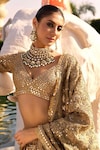 Abhinav Mishra_Gold Blouse Net Embellished Mirror V Neck Gota Work Bridal Lehenga Set_Online_at_Aza_Fashions