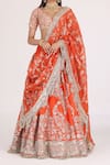 Buy_Abhinav Mishra_Orange Blouse And Lehenga Chanderi Embroidery Mirror V Neck Floral Bridal Set_Online_at_Aza_Fashions