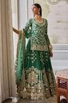 Buy_Abhinav Mishra_Emerald Green Kurta And Lehenga Chanderi Embellished Mirror Leaf Floral Set_at_Aza_Fashions