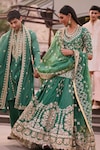 Shop_Abhinav Mishra_Emerald Green Kurta And Lehenga Chanderi Embellished Mirror Leaf Floral Set_at_Aza_Fashions