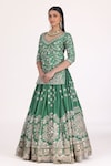 Buy_Abhinav Mishra_Emerald Green Kurta And Lehenga Chanderi Embellished Mirror Leaf Floral Set_Online_at_Aza_Fashions