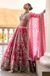 Buy_Abhinav Mishra_Fuchsia Blouse And Lehenga Chanderi Embroidery Mirror V Neck Bridal Set_at_Aza_Fashions