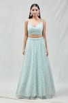 Shop_Meenagurnam_Blue Net Embroidery, Zari V-neck Checkered Lehenga Set _Online_at_Aza_Fashions