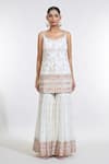 MeenaGurnam_Ivory Kurta And Sharara Georgette Embroidered Resham Leaf Jaal Work Set _Online_at_Aza_Fashions