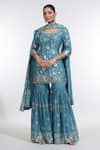 Buy_MeenaGurnam_Blue Chinon Embroidery Sequin Round Neck Phool Kurti Sharara Set _at_Aza_Fashions