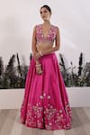 Buy_Nayna Kapoor_Fuchsia Silk Embroidered Gota Patti Plunge V Neck Lehenga Set _at_Aza_Fashions