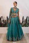 Buy_Nayna Kapoor_Green Georgette Embroidered Floral Plunge V Neck Box Pleat Lehenga Set _at_Aza_Fashions