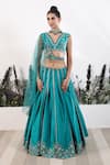 Nayna Kapoor_Green Georgette Embroidered Floral Plunge V Neck Box Pleat Lehenga Set _Online_at_Aza_Fashions