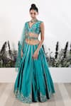 Shop_Nayna Kapoor_Green Georgette Embroidered Floral Plunge V Neck Box Pleat Lehenga Set _Online_at_Aza_Fashions