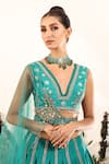 Nayna Kapoor_Green Georgette Embroidered Floral Plunge V Neck Box Pleat Lehenga Set _at_Aza_Fashions