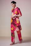 Dressfolk_Maroon Linen Cotton Digital Printed Floral Enchanted Mirage Kurta And Pant Set _Online_at_Aza_Fashions