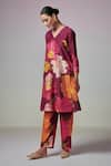 Dressfolk_Maroon Chanderi Digital Printed Floral V Neck Pahi Kurta And Pant Set _Online_at_Aza_Fashions