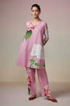 Shop_Dressfolk_Pink Linen Cotton Digital Printed Floral V Neck Shubhika Kurta And Pant Set _Online_at_Aza_Fashions