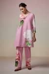 Dressfolk_Pink Linen Cotton Digital Printed Floral V Neck Shubhika Kurta And Pant Set _at_Aza_Fashions