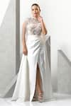 Buy_Eli Bitton_White (100% Polyester) Hand Embroidered Closed Floral Sheer Gown _at_Aza_Fashions