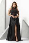 Buy_Eli Bitton_Black Sequin (100% Polyester) Hand Embroidered Pearl High Neck Sheer Gown _at_Aza_Fashions