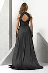 Eli Bitton_Black Sequin (100% Polyester) Hand Embroidered Pearl High Neck Sheer Gown _Online_at_Aza_Fashions