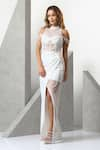 Buy_Eli Bitton_White Sequin (100% Polyester) Hand Embroidered Pearl High Neck Gown _Online_at_Aza_Fashions