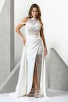 Shop_Eli Bitton_White Sequin (100% Polyester) Hand Embroidered Pearl High Neck Gown _at_Aza_Fashions