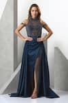 Buy_Eli Bitton_Blue Sequin (100% Polyester) Hand Embroidered Pearl High Neck Slit Gown_at_Aza_Fashions