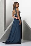 Eli Bitton_Blue Sequin (100% Polyester) Hand Embroidered Pearl High Neck Slit Gown_Online_at_Aza_Fashions