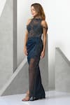 Buy_Eli Bitton_Blue Sequin (100% Polyester) Hand Embroidered Pearl High Neck Slit Gown_Online_at_Aza_Fashions