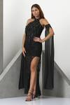 Buy_Eli Bitton_Black Sequin (100% Polyester) Hand Embroidered Crystal Halter Neck Gown_at_Aza_Fashions