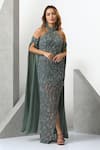 Buy_Eli Bitton_Green Sequin (100% Polyester) Hand Embroidered Crystal Halter And Bead Neck Gown _at_Aza_Fashions