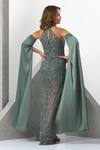 Shop_Eli Bitton_Green Sequin (100% Polyester) Hand Embroidered Crystal Halter And Bead Neck Gown _at_Aza_Fashions