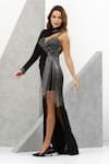 Eli Bitton_Black Sequin (100% Polyester) Hand Embroidered Beads One Shoulder Gown_Online_at_Aza_Fashions