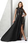 Buy_Eli Bitton_Black Sequin(100% Polyester) Hand Embroidered Tube Beads High Neck Sheer Gown _at_Aza_Fashions