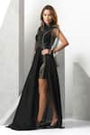 Shop_Eli Bitton_Black Sequin(100% Polyester) Hand Embroidered Tube Beads High Neck Sheer Gown _Online_at_Aza_Fashions