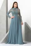 Buy_Eli Bitton_Blue Sequin(100% Polyester) Hand Embroidered Beads Wing Collar Gown _at_Aza_Fashions