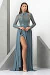 Eli Bitton_Blue Sequin(100% Polyester) Hand Embroidered Beads Wing Collar Gown _Online_at_Aza_Fashions