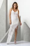 Buy_Eli Bitton_White Sequin (100% Polyester) Hand Embroidered Beads Plunge Asymmetric Gown _at_Aza_Fashions