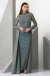 Eli Bitton_Blue Sequin/tulle (100% Polyester) Hand Embroidered Pearls Turtle Gown_Online_at_Aza_Fashions