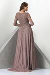 Shop_Eli Bitton_Purple Tulle (100% Polyester) Hand Embroidered Beads V-neck Trail Gown _at_Aza_Fashions