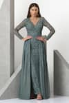 Buy_Eli Bitton_Blue Sequin/tulle (100% Polyester) Hand Embroidered Beads And Pearls Trail Gown _at_Aza_Fashions