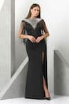 Buy_Eli Bitton_Black Sequin (100% Polyester) Hand Embroidered Beads Round Gown_at_Aza_Fashions