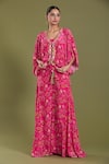 Buy_Amani_Pink Crepe Silk Printed Floral V Neck Kaftan Flared Pant Set _at_Aza_Fashions