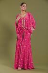 Amani_Pink Crepe Silk Printed Floral V Neck Kaftan Flared Pant Set _at_Aza_Fashions