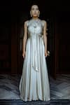 Buy_Pavone by Akanksha Chopra_Off White Satin Hand Work Cutdana High Neck Front Tie-up Gown _at_Aza_Fashions