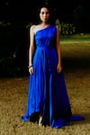 Buy_Pavone by Akanksha Chopra_Blue Satin Solid Asymmetric Drape Dress _at_Aza_Fashions