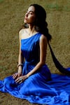 Shop_Pavone by Akanksha Chopra_Blue Satin Solid Asymmetric Drape Dress _at_Aza_Fashions