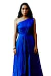 Pavone by Akanksha Chopra_Blue Satin Solid Asymmetric Drape Dress _Online_at_Aza_Fashions