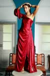 Buy_Pavone by Akanksha Chopra_Maroon Satin Solid Asymmetric Draped One Shoulder Gown _at_Aza_Fashions