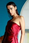 Pavone by Akanksha Chopra_Maroon Satin Solid Asymmetric Draped One Shoulder Gown _Online_at_Aza_Fashions